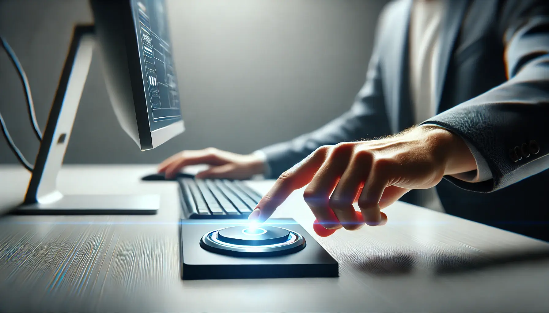 A hand pressing the button to become a software architect
